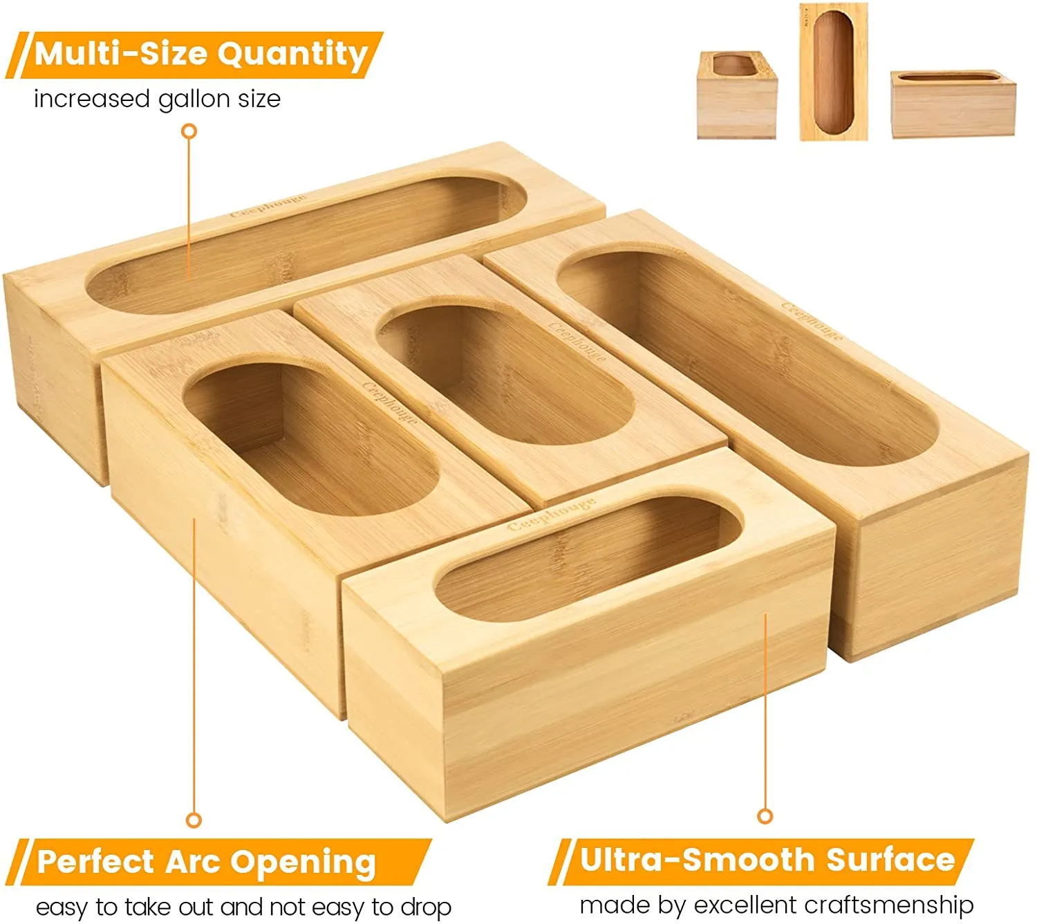 Ceephouge  Ziplock Bag Storage Organizer - Plastic Bag Container for Kitchen Drawer, Split Bamboo Box Dock for Filling, Compatible with Ziploc, for Gallon, Quart, Sandwich & Snack Bags (5 Slots)