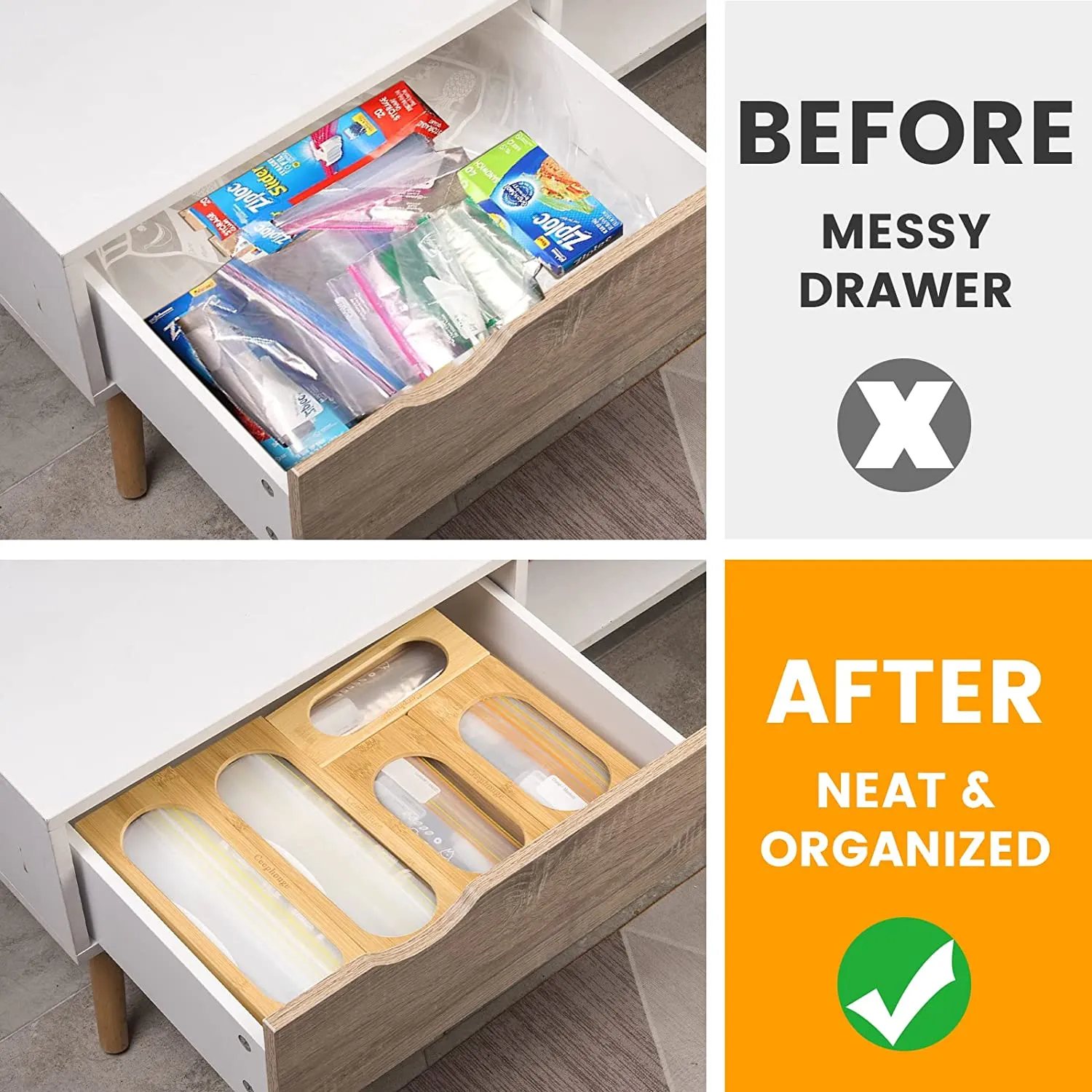 Ceephouge  Ziplock Bag Storage Organizer - Plastic Bag Container for Kitchen Drawer, Split Bamboo Box Dock for Filling, Compatible with Ziploc, for Gallon, Quart, Sandwich & Snack Bags (5 Slots)