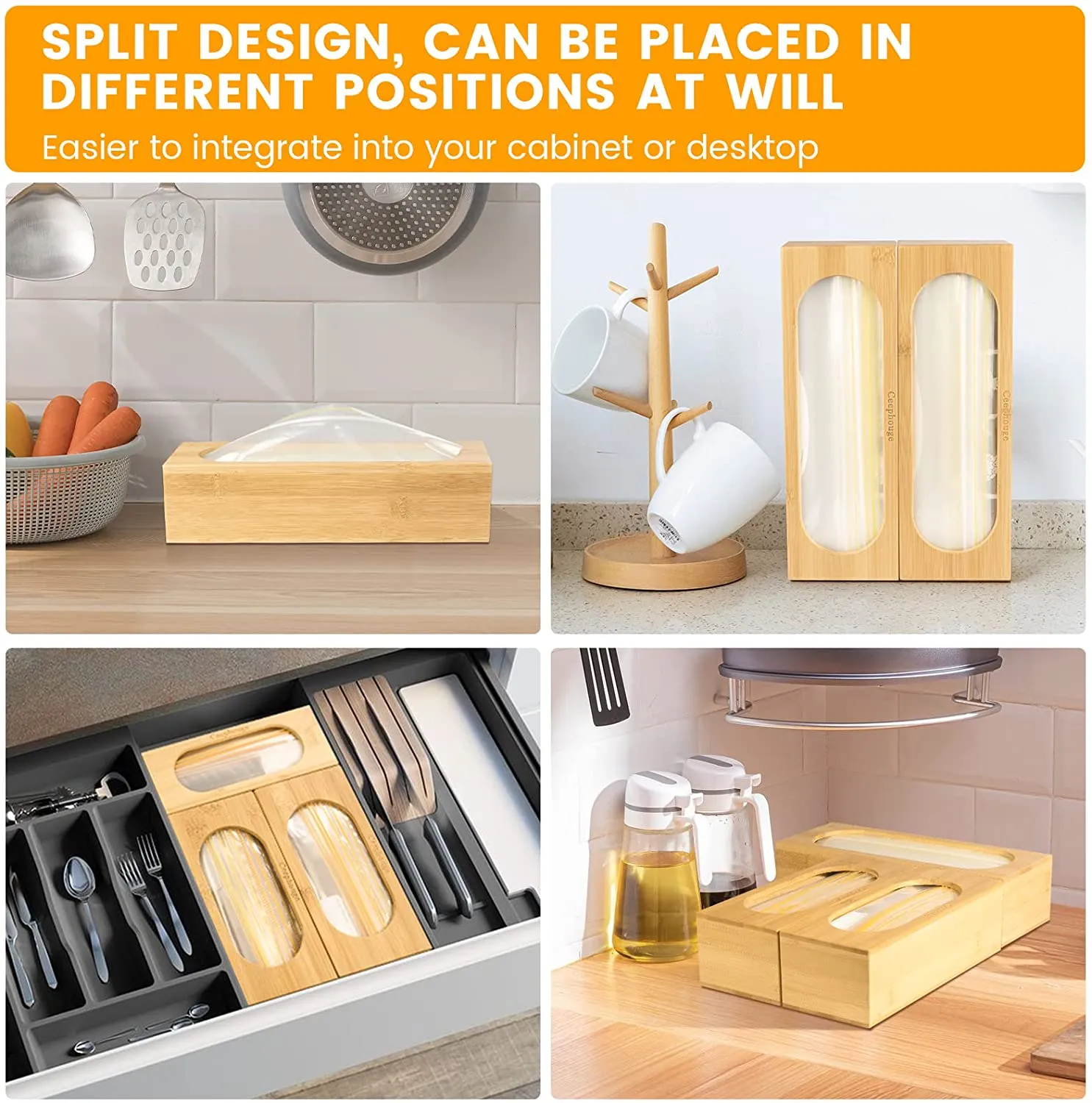 Ceephouge  Ziplock Bag Storage Organizer - Plastic Bag Container for Kitchen Drawer, Split Bamboo Box Dock for Filling, Compatible with Ziploc, for Gallon, Quart, Sandwich & Snack Bags (5 Slots)