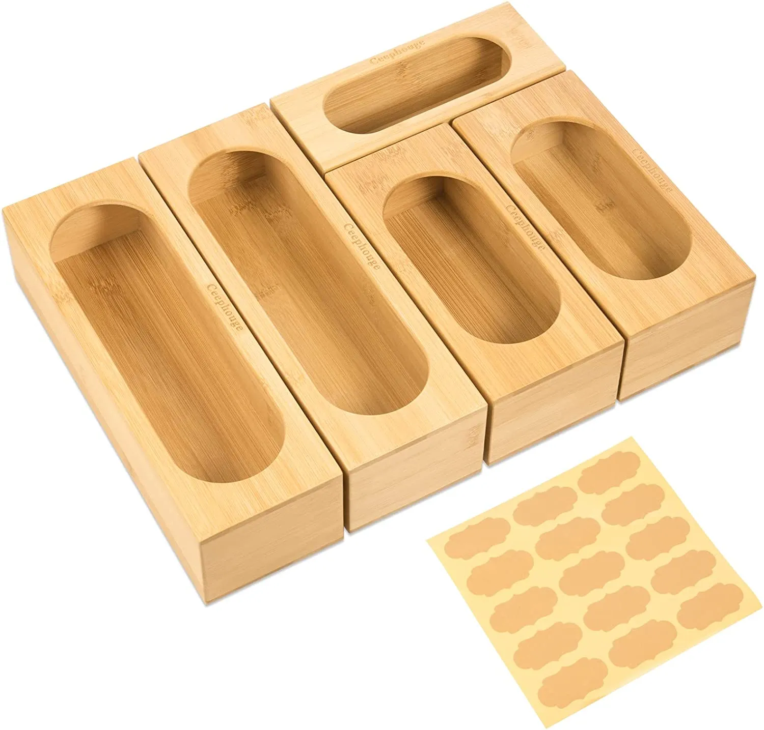 Ceephouge  Ziplock Bag Storage Organizer - Plastic Bag Container for Kitchen Drawer, Split Bamboo Box Dock for Filling, Compatible with Ziploc, for Gallon, Quart, Sandwich & Snack Bags (5 Slots)