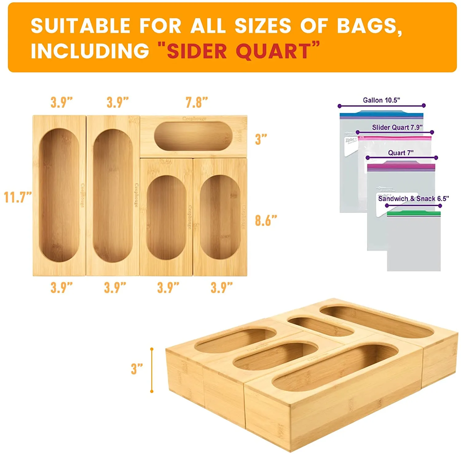 Ceephouge  Ziplock Bag Storage Organizer - Plastic Bag Container for Kitchen Drawer, Split Bamboo Box Dock for Filling, Compatible with Ziploc, for Gallon, Quart, Sandwich & Snack Bags (5 Slots)