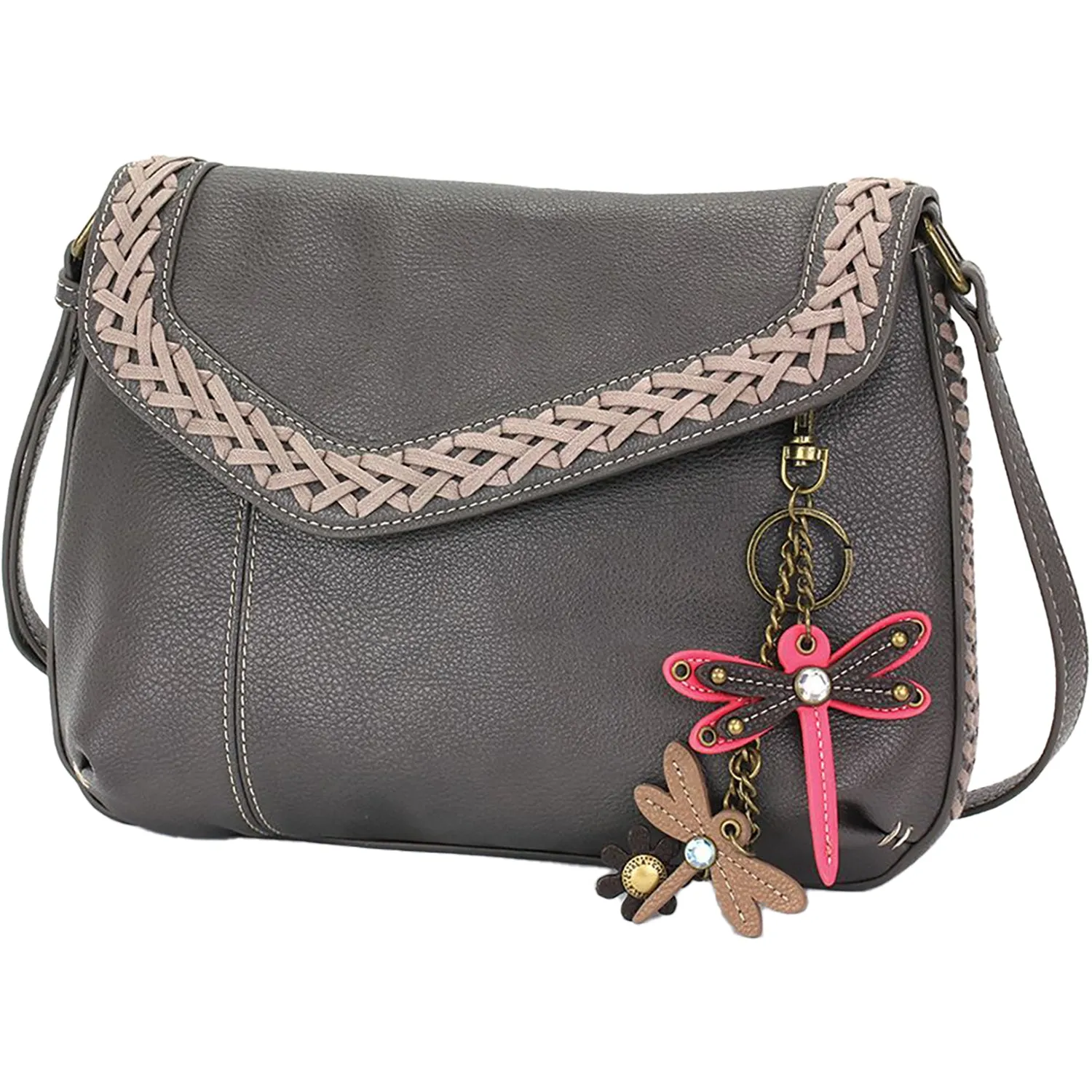 Chala Braided Boho Crossbody Mini Keychain Dragonfly Pink Gray