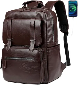 CHAO RAN Leather Laptop Backpack for Men, Vintage Large Travel Waterproof Bags with USB Charging Port, Work Knapsack Fit 15.6inch Laptop, Backpack for Commute College Business (Brown)