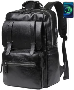 CHAO RAN Leather Laptop Backpack for Men, Vintage Large Travel Waterproof Bags with USB Charging Port, Work Knapsack Fit 15.6inch Laptop, Backpack for Commute College Business(Black-With USB)
