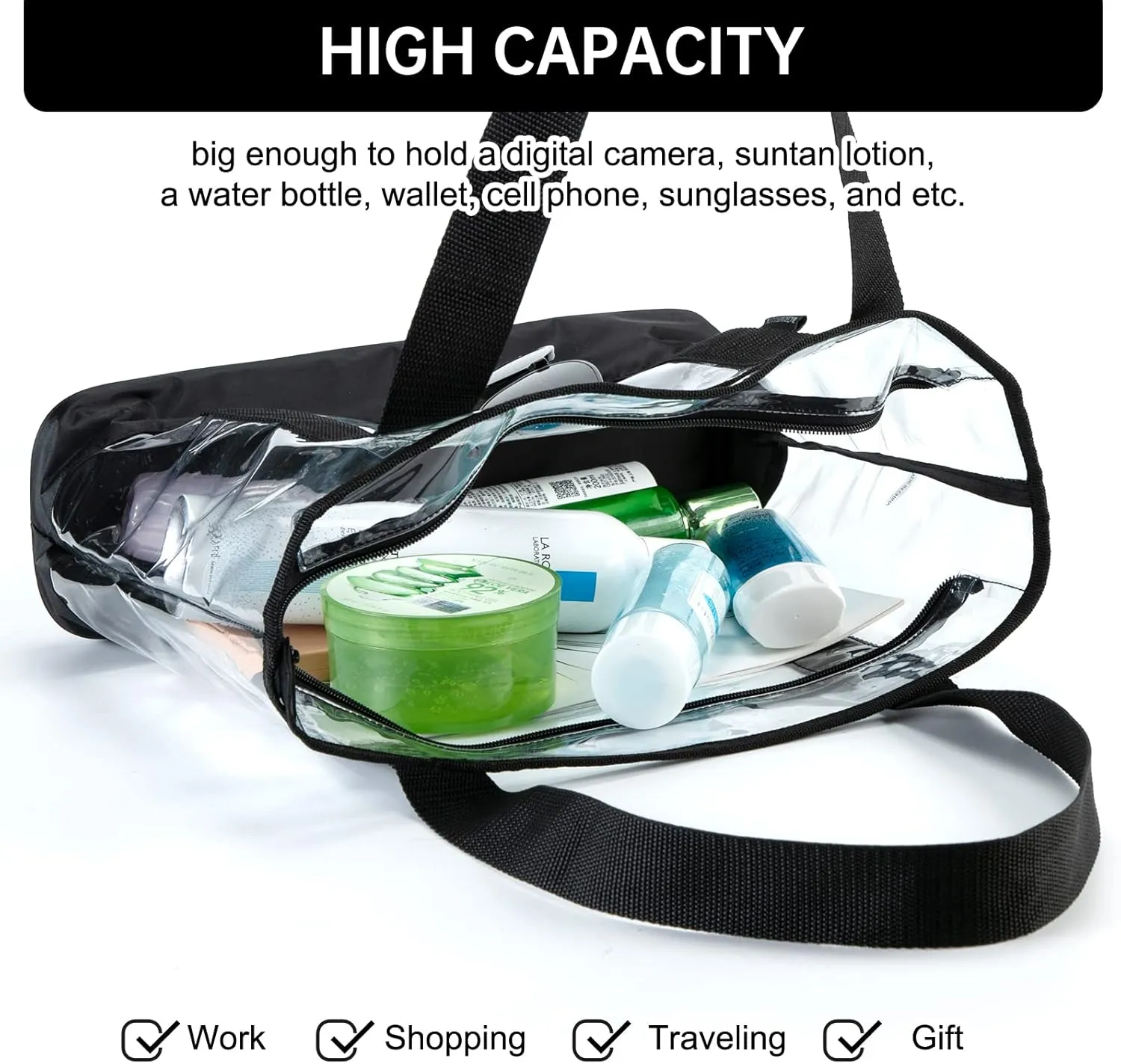 clear tote bag,Purse handle with zipper for work plastic transparent see through women