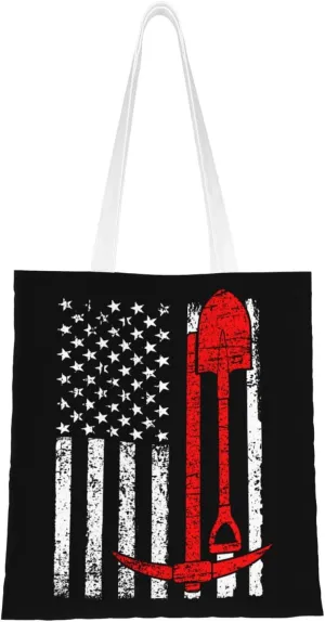 Coal Miner Usa Flag Tote Bag for Women Canvas Shopping Bags Reusable Large Capacity Casual Shoulder Handbags Grocery Bags DIY Gift Bags