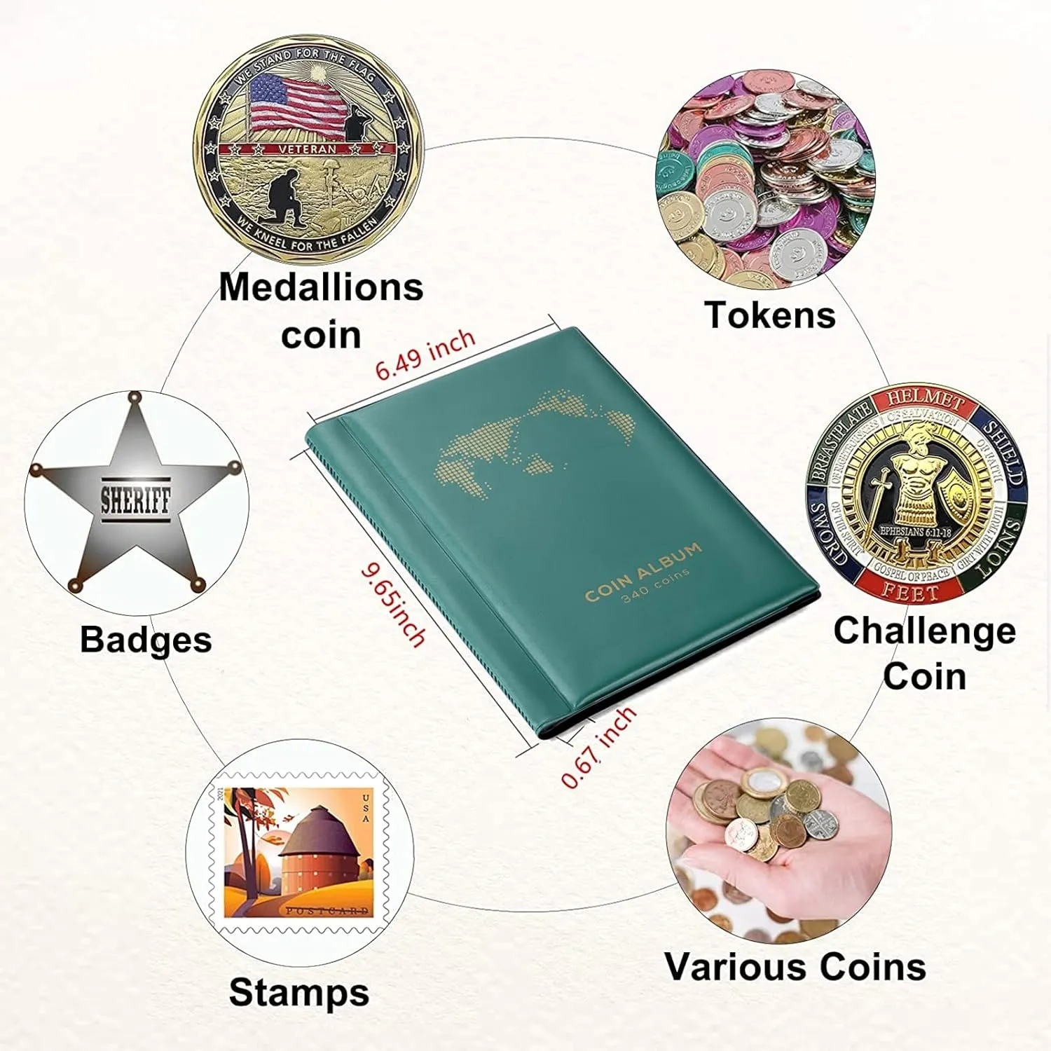 Coin Album for Collectors,340 Pockets Coin Collection Book Holder Display Storage Case,Collecting Sleeves Organizer Supplies for Coins,Pennies,Quarters,Badges,Green