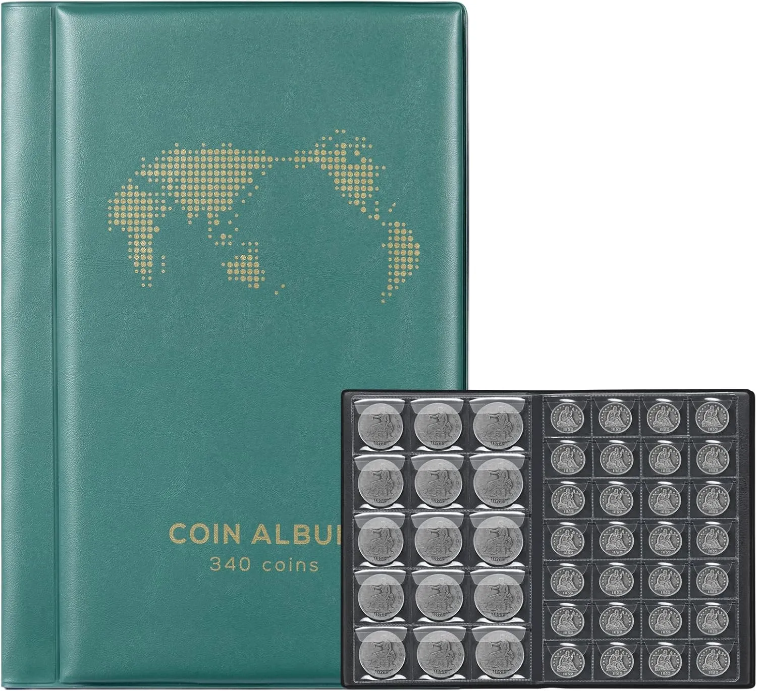 Coin Album for Collectors,340 Pockets Coin Collection Book Holder Display Storage Case,Collecting Sleeves Organizer Supplies for Coins,Pennies,Quarters,Badges,Green