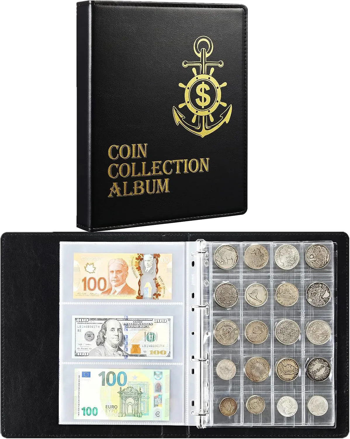 Coin and Currency Collection Book Album, Include 130 Pockets Coin Collecting Book Holder, 60 Pockets Paper Money Currency Collection Supplies Holders