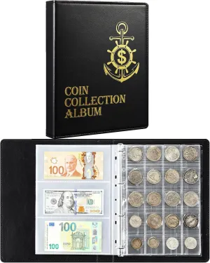 Coin and Currency Collection Book Album, Include 130 Pockets Coin Collecting Book Holder, 60 Pockets Paper Money Currency Collection Supplies Holders
