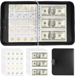 Coin Collection Book Album for Collectors with Lock, 400 Pockets Fireproof Coin Holder Book & 36 Paper Currency Binder Sleeves Supplies, Coin Storage Collecting Organizer for Pennies, Bills, Badges