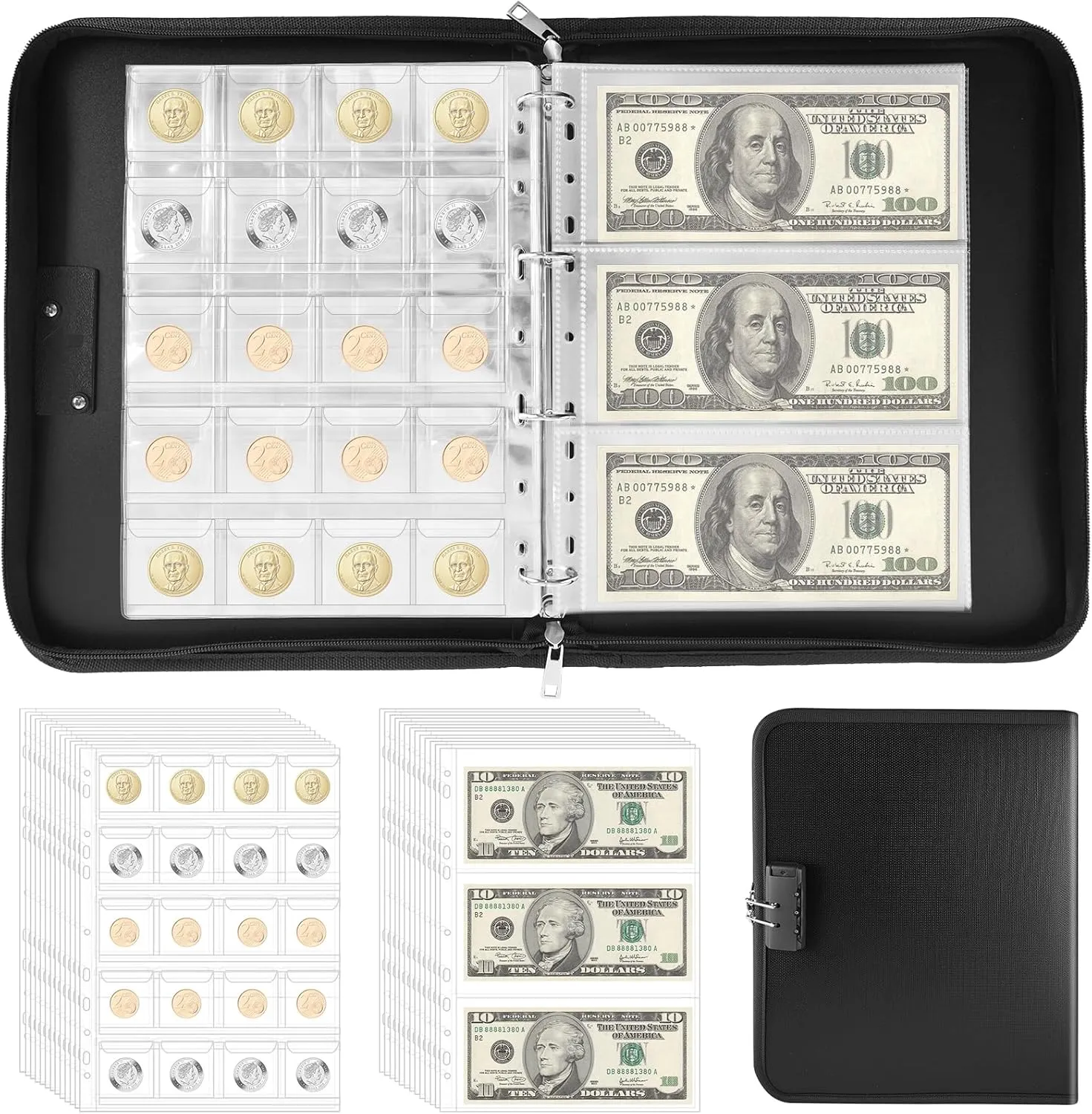 Coin Collection Book Album for Collectors with Lock, 400 Pockets Fireproof Coin Holder Book & 36 Paper Currency Binder Sleeves Supplies, Coin Storage Collecting Organizer for Pennies, Bills, Badges
