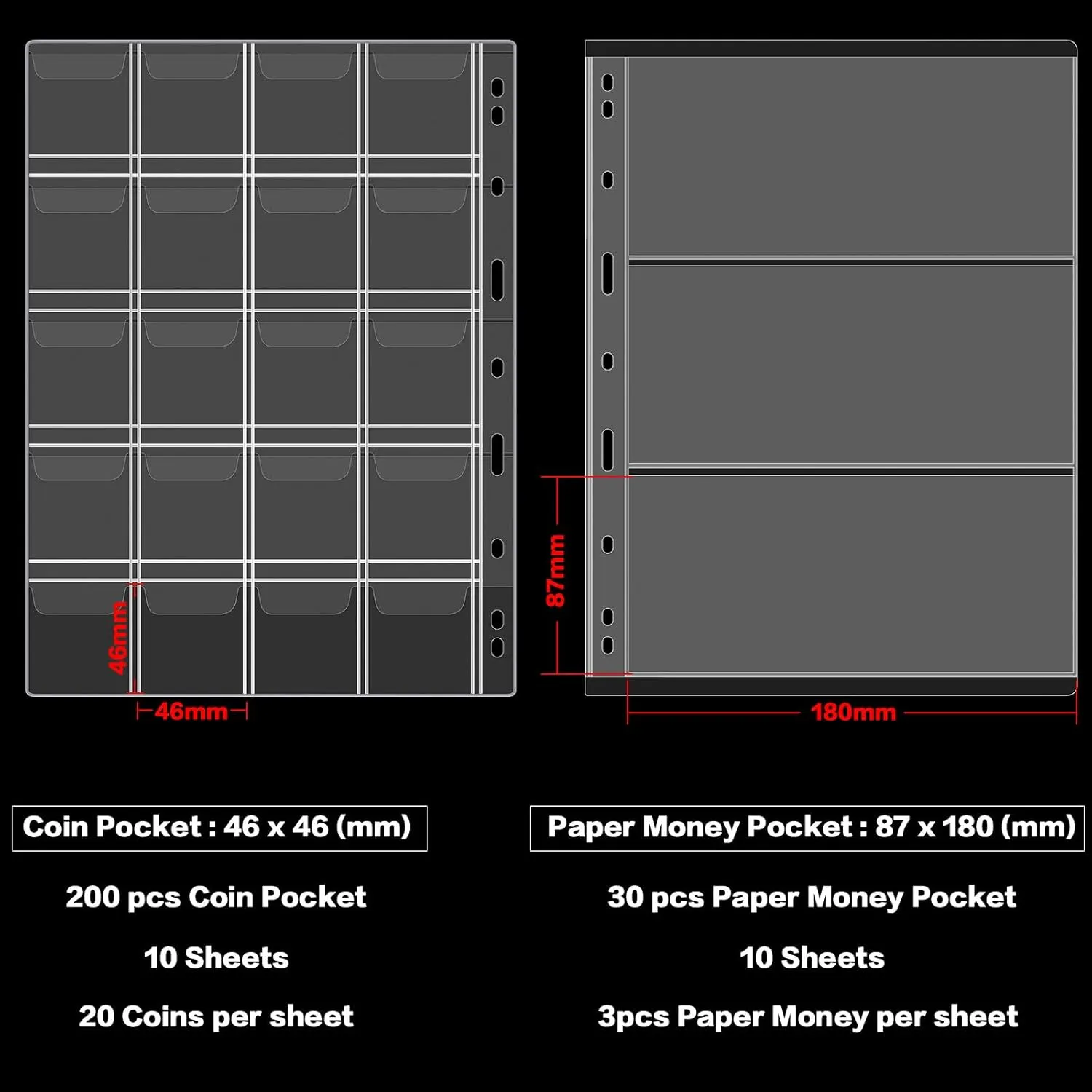 Coin Collection Book Holder for Collectors, 200 Pockets Coins Collecting Album & 30 Sleeves Paper Money Display Storage Case for Currency Collection Supplies (200 30 paper money binder)-Blue