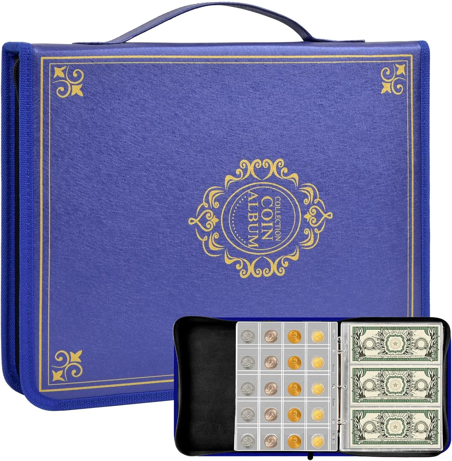 Coin Collection Book Holder for Collectors, 200 Pockets Coins Collecting Album & 30 Sleeves Paper Money Display Storage Case for Currency Collection Supplies (200 30 paper money binder)-Blue