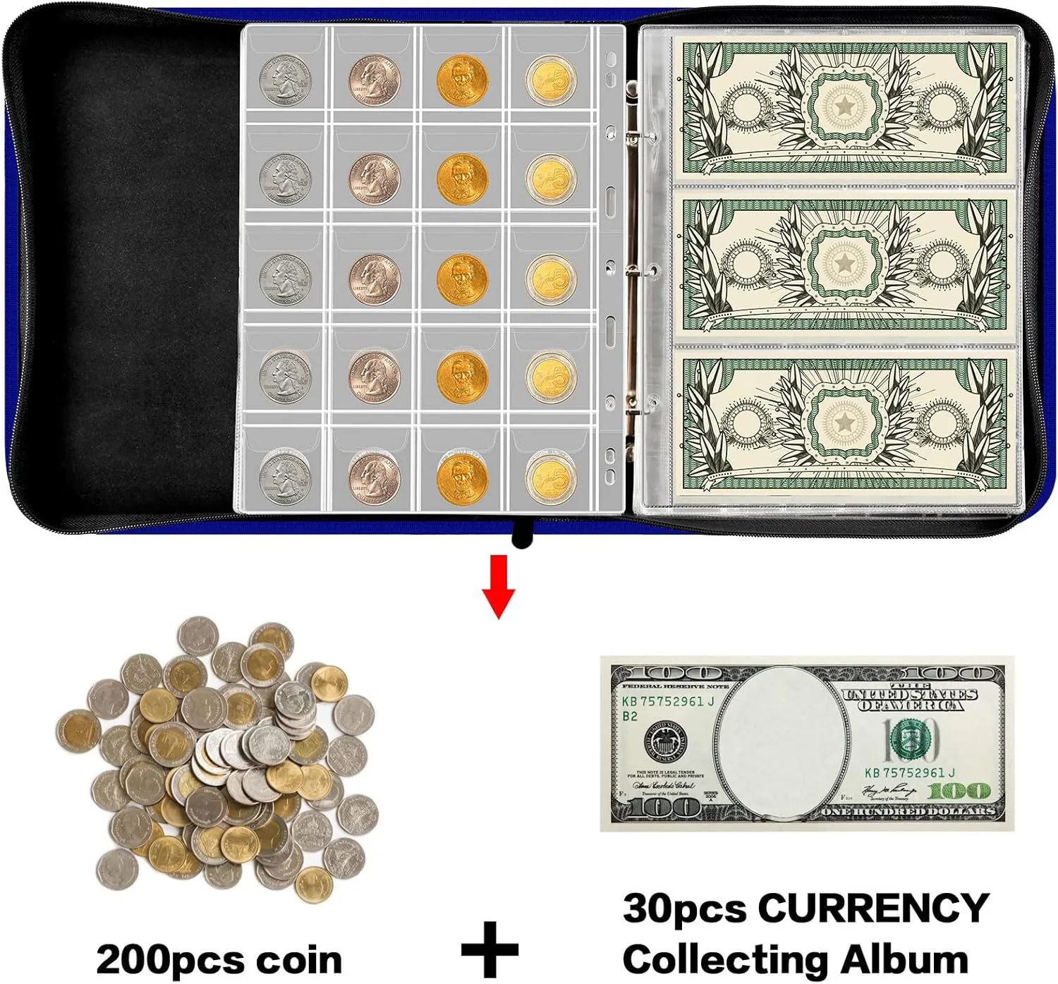 Coin Collection Book Holder for Collectors, 200 Pockets Coins Collecting Album & 30 Sleeves Paper Money Display Storage Case for Currency Collection Supplies (200 30 paper money binder)-Blue