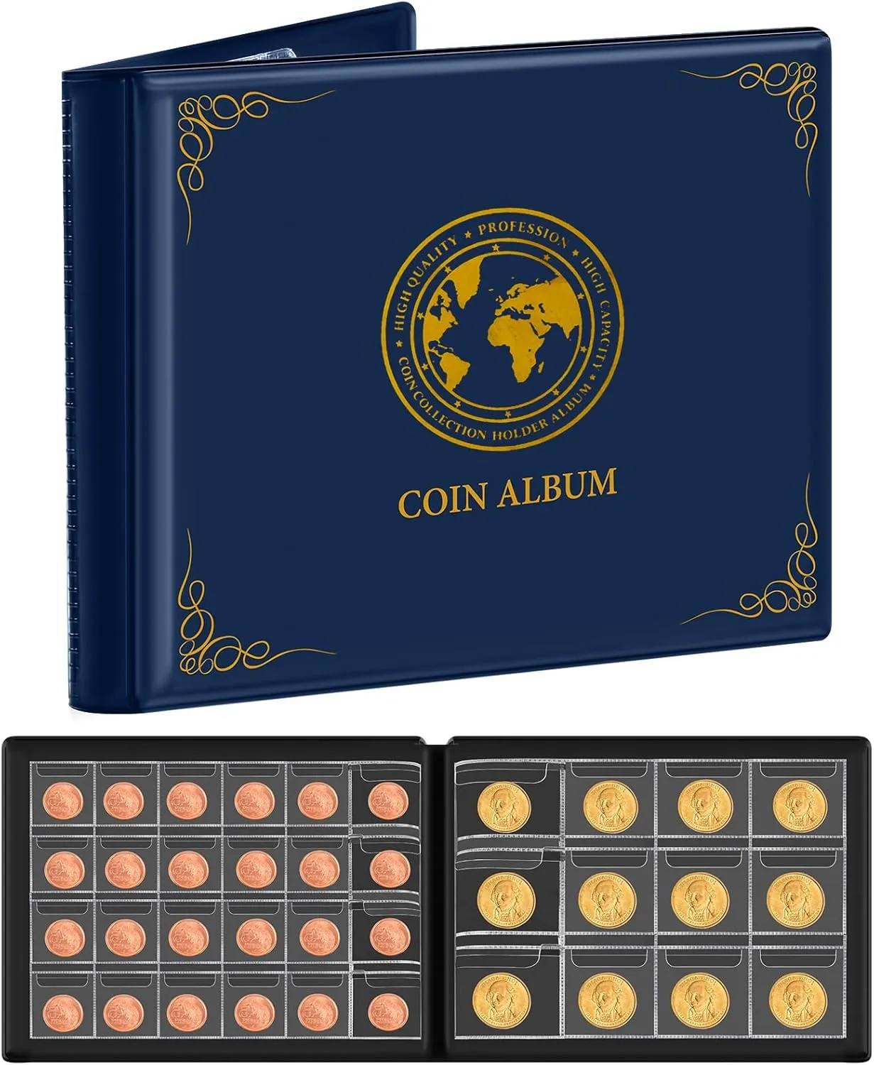 Coin Collection Supplies for Collectors, 300 Pockets Coins Collecting Folder Album with PVC Free Sleeves for 20/25/ 27/30/ 38/ 46mm. Coin Book Holder Storage Organizer Case-Blue