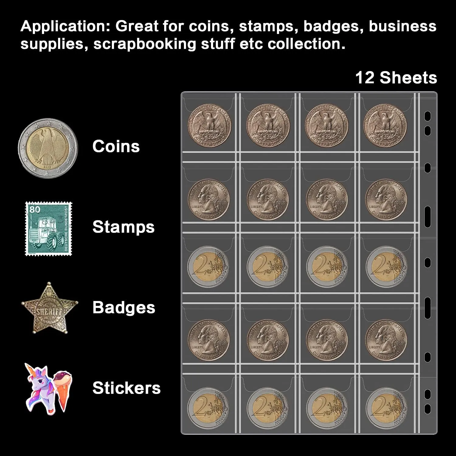 Coin Collection Supplies Pages for Collectors, 12 Sheets Coins Holder Album Book Sleeves, Collecting Binder Protectors for Silver Dollar Bill Quarters Penny Stamp Currency (20 Pockets)