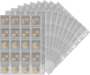 Coin Collection Supplies Pages for Collectors, 12 Sheets Coins Holder Album Book Sleeves, Collecting Binder Protectors for Silver Dollar Bill Quarters Penny Stamp Currency (20 Pockets)