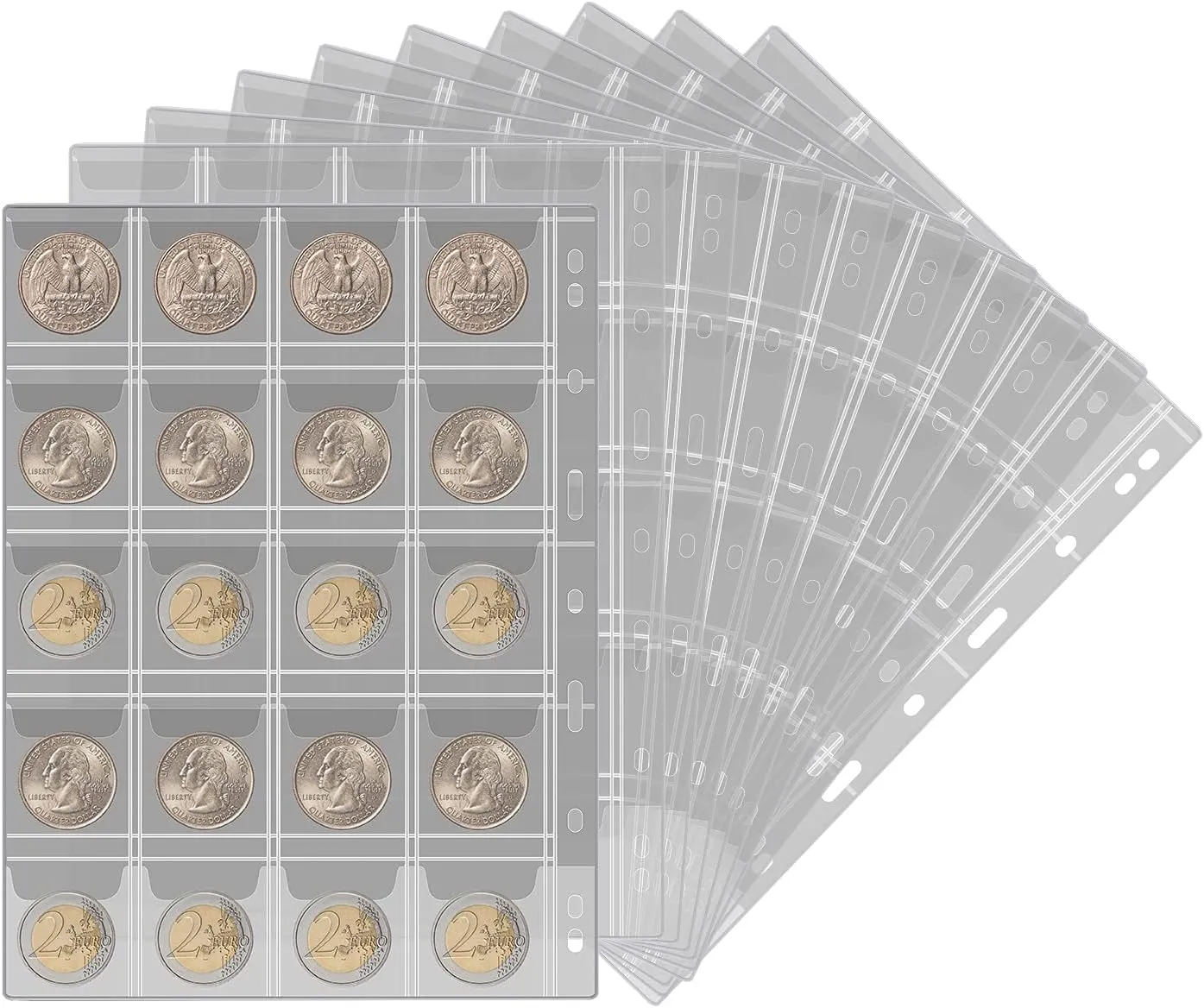 Coin Collection Supplies Pages for Collectors, 12 Sheets Coins Holder Album Book Sleeves, Collecting Binder Protectors for Silver Dollar Bill Quarters Penny Stamp Currency (20 Pockets)