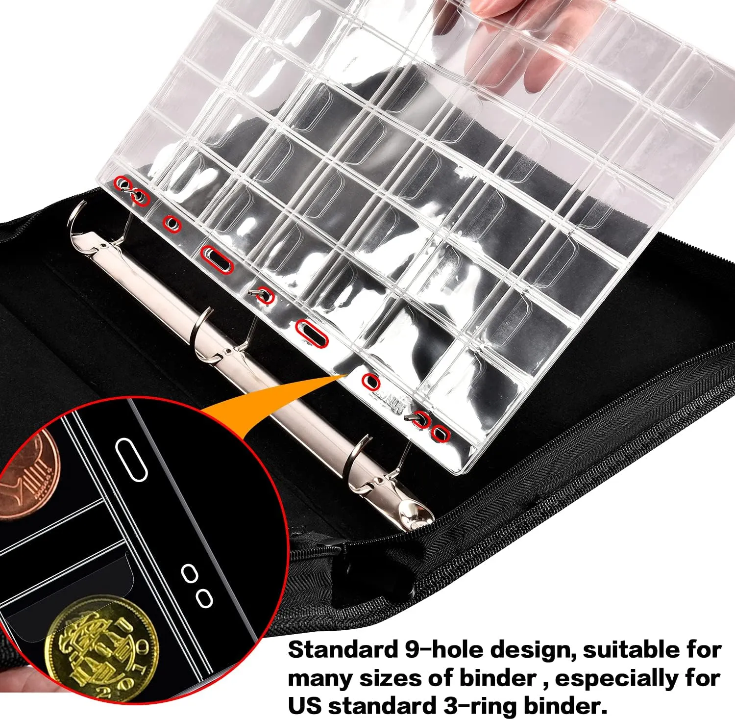 Coin Collection Supplies Pages for Collectors, 12 Sheets Coins Holder Album Book Sleeves, Collecting Binder Protectors for Silver Dollar Bill Quarters Penny Stamp Currency (42 Pockets)