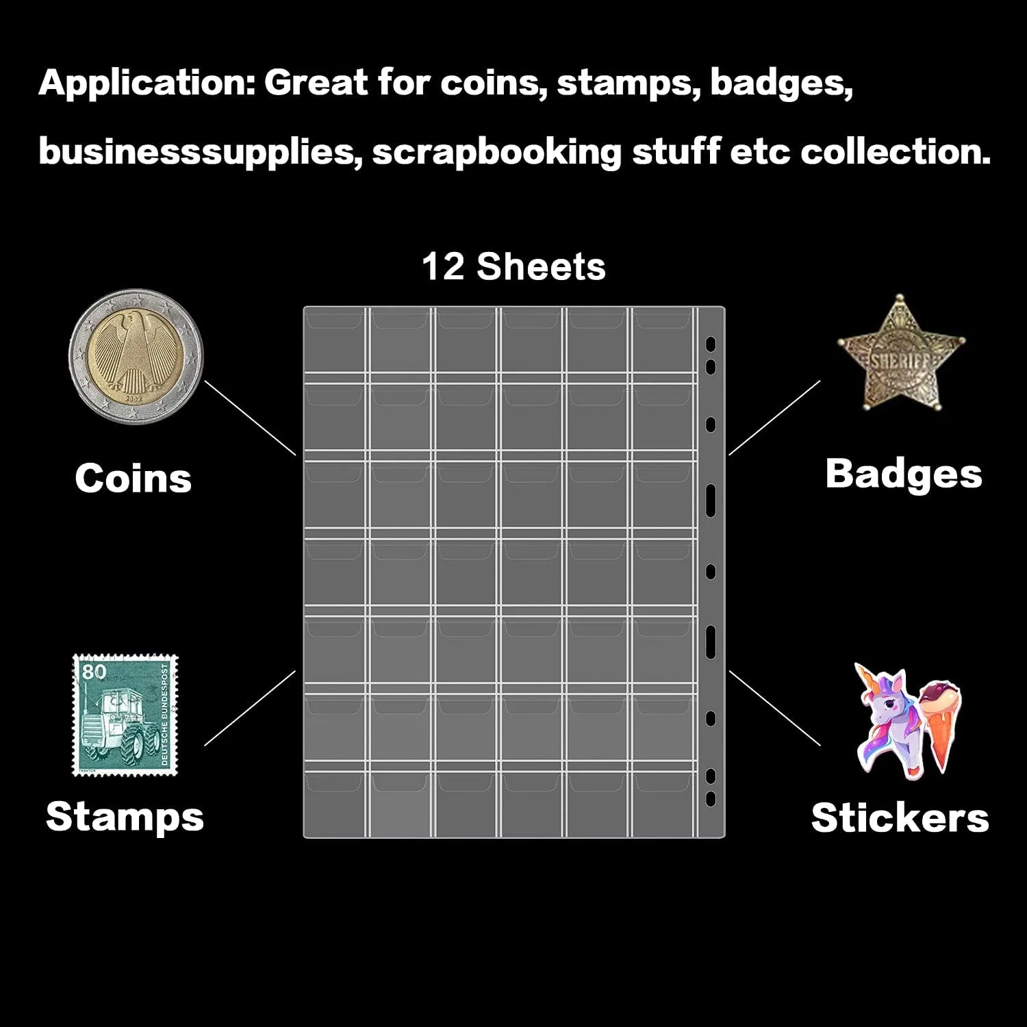 Coin Collection Supplies Pages for Collectors, 12 Sheets Coins Holder Album Book Sleeves, Collecting Binder Protectors for Silver Dollar Bill Quarters Penny Stamp Currency (42 Pockets)