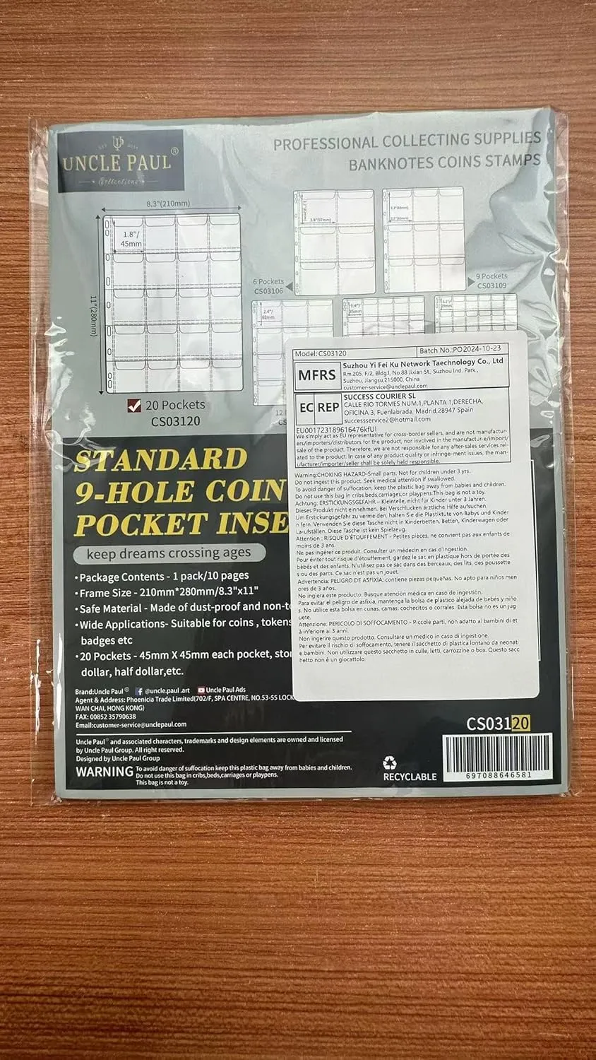 Coin Pocket Pages - 20 Pocket/Sheet Standard 9-Hole Coin Inserts Collecting Sleeves - 10 Sheets CS03120 Series