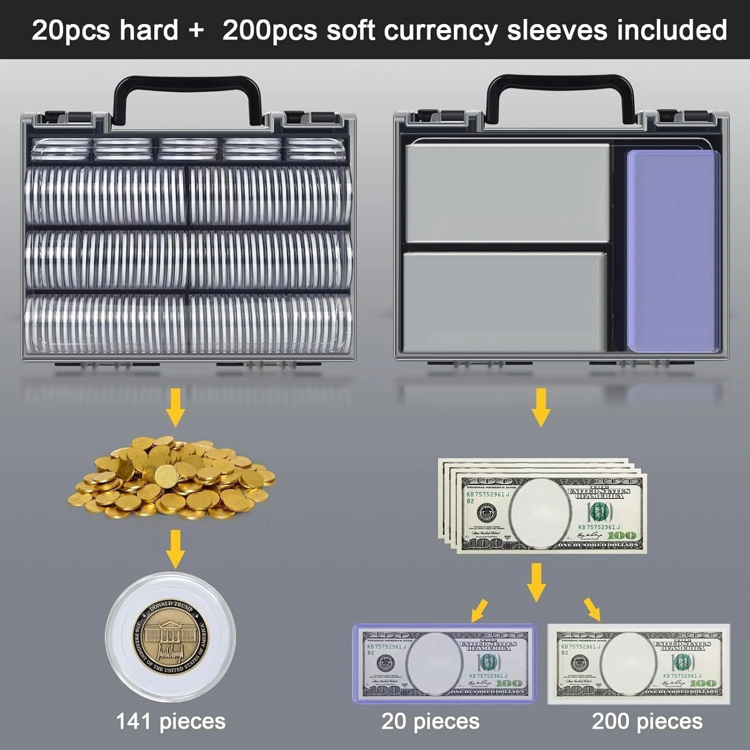 Coins Collector Case Holder Coin Capsules 46mm with 6 Sizes Foam Gasket (141 Pcs), Hard Paper Currency Sleeves (20 Pcs), Soft Dollar Bill Sleeves (200 Pcs) Storage Organizer Box (Black)