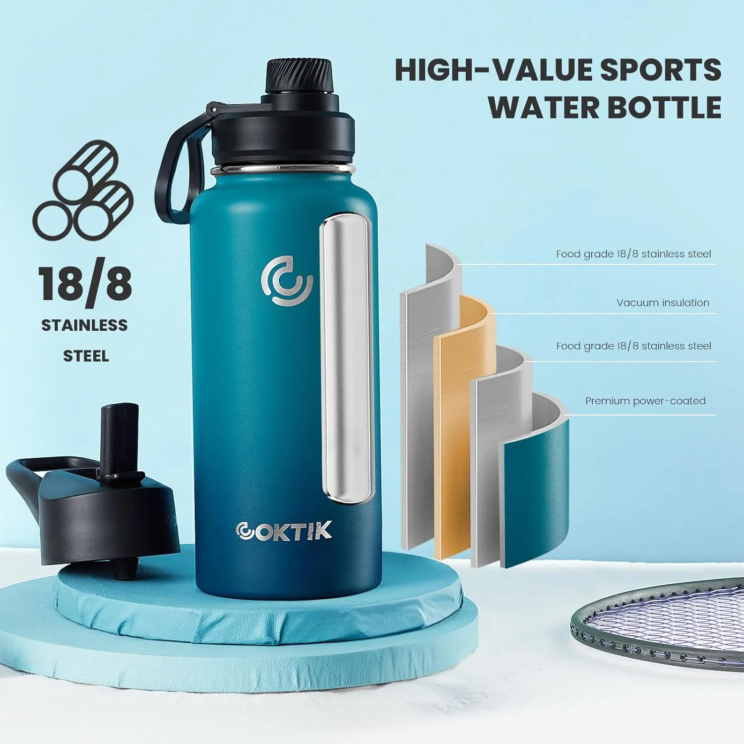 COKTIK 32 oz Sports Water Bottle With Straw,2 Lids, Stainless Steel Vacuum Insulated Water Bottles,Leakproof Lightweight, Keeps Cold and Hot, Great for Travel, Hiking, Biking, Running (Dark Night)