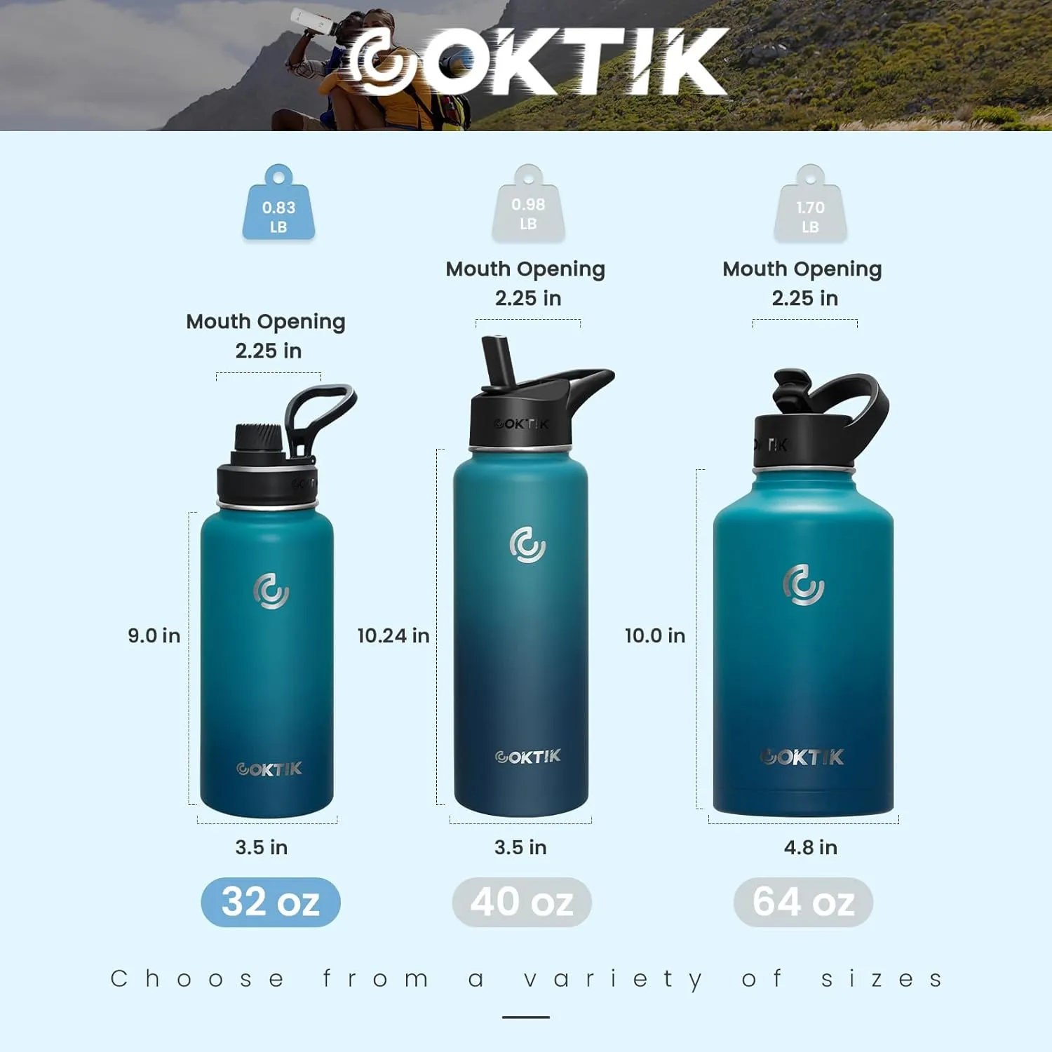 COKTIK 32 oz Sports Water Bottle With Straw,2 Lids, Stainless Steel Vacuum Insulated Water Bottles,Leakproof Lightweight, Keeps Cold and Hot, Great for Travel, Hiking, Biking, Running (Dark Night)
