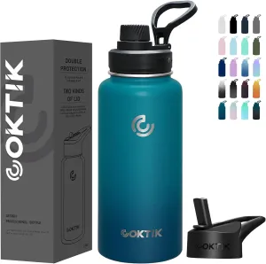 COKTIK 32 oz Sports Water Bottle With Straw,2 Lids, Stainless Steel Vacuum Insulated Water Bottles,Leakproof Lightweight, Keeps Cold and Hot, Great for Travel, Hiking, Biking, Running (Dark Night)