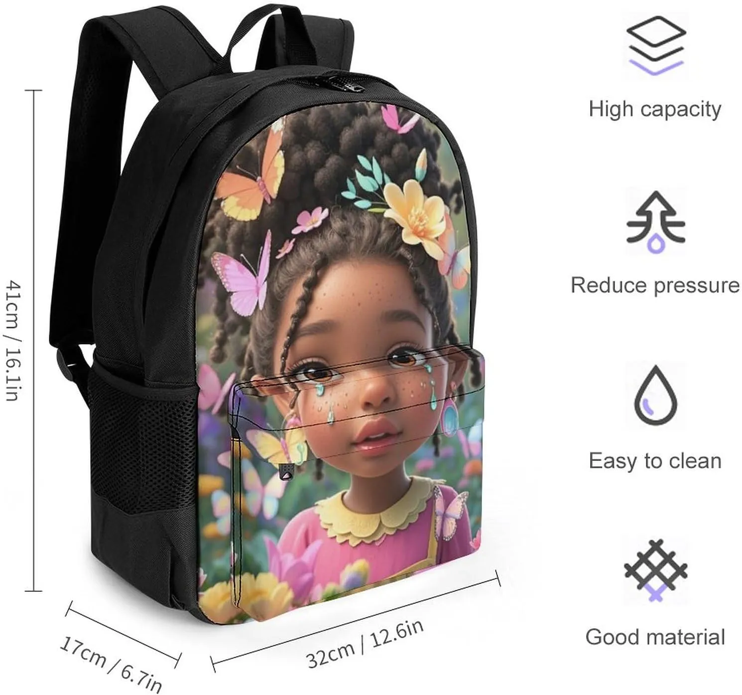 Colorful Afro American Black Woman With Butterflies Art Shoulder Book Bags Polyester Multipurpose Anti-Theft Carry On Bag Large Capacity Travel Hiking & Camping Rucksack
