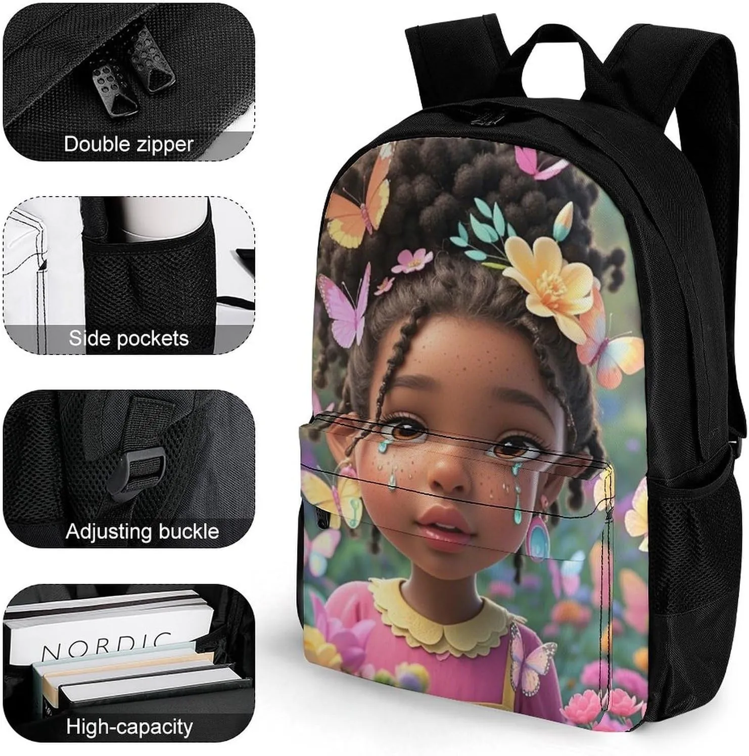 Colorful Afro American Black Woman With Butterflies Art Shoulder Book Bags Polyester Multipurpose Anti-Theft Carry On Bag Large Capacity Travel Hiking & Camping Rucksack