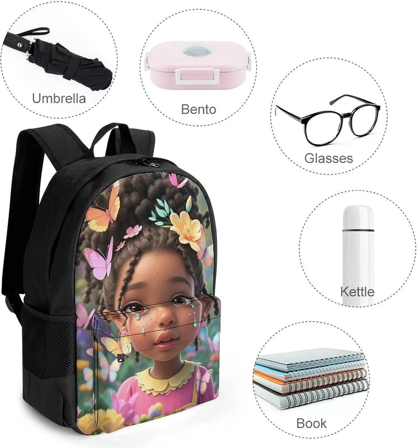 Colorful Afro American Black Woman With Butterflies Art Shoulder Book Bags Polyester Multipurpose Anti-Theft Carry On Bag Large Capacity Travel Hiking & Camping Rucksack