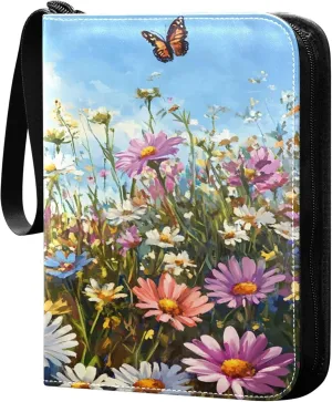 Colorful Beautiful Wildflowers Card Binder 4 Pocket Collectible Trading Card Albums with 50 Sleeves Double Side PU Waterproof 3 Ring for Sports & Game Cards