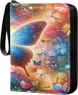 Colorful Butterfly Card Binder 4 Pocket, PU Cover Zipper Card Collection Album, PU Cover Card Collection Binder for 400 Cards