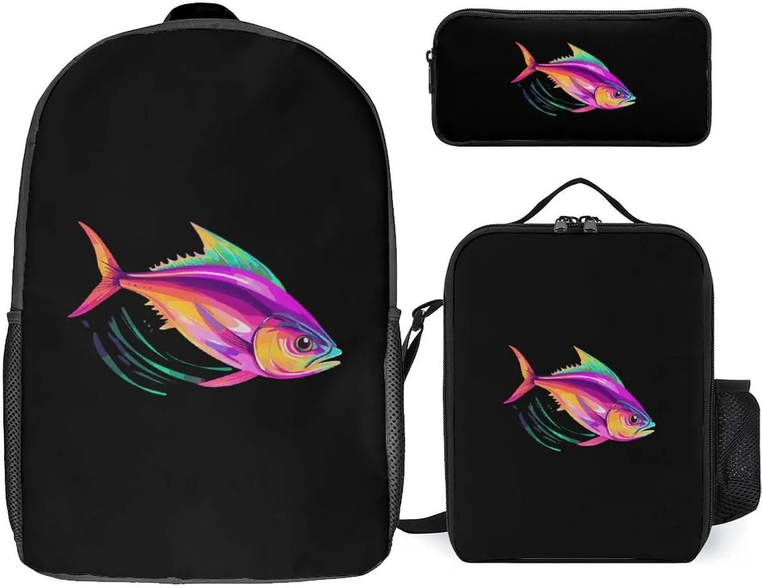Colorful Tuna Fish Backpack Adjustable Shoulder Daypack Laptop Bag with Lunch Box and Pencil Case 3 in 1 Set