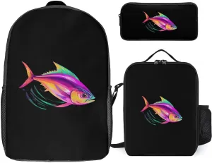 Colorful Tuna Fish Backpack Adjustable Shoulder Daypack Laptop Bag with Lunch Box and Pencil Case 3 in 1 Set