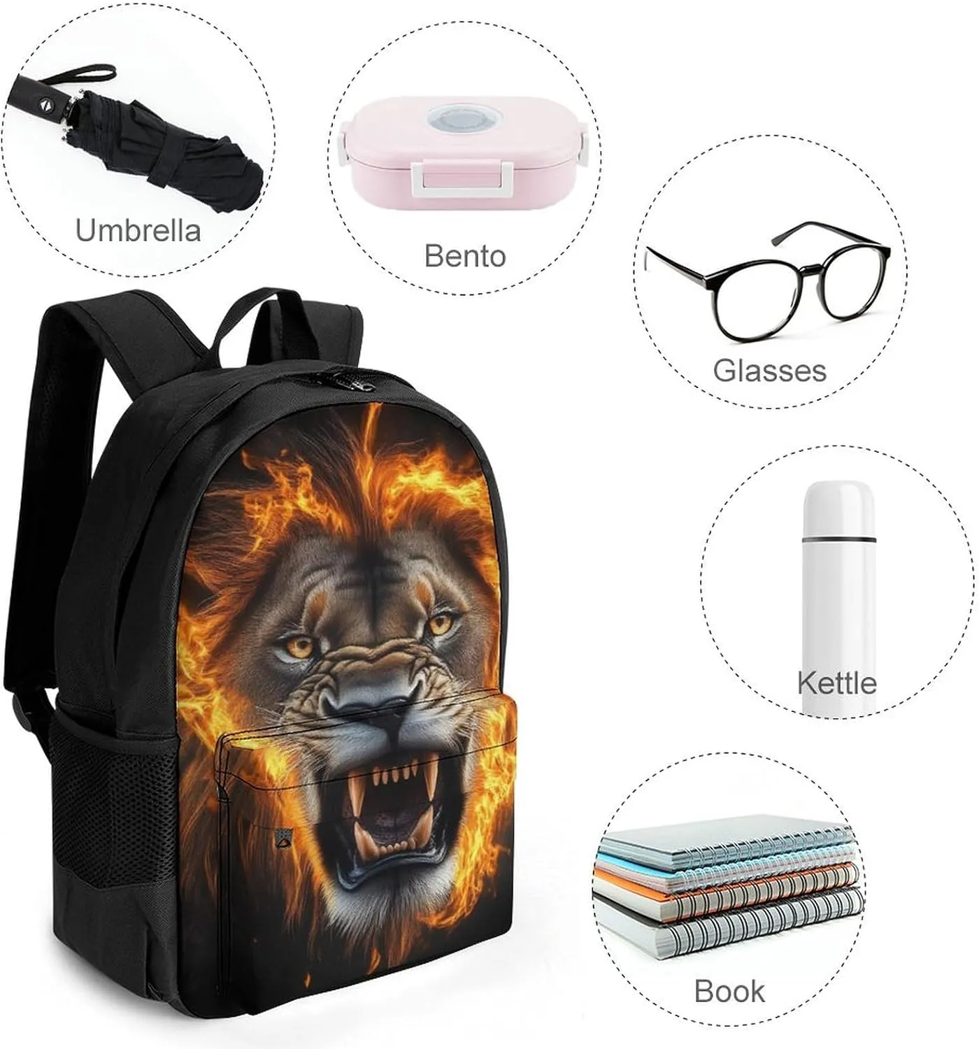 Cool Flame Lion Fire Art Daypack Polyester Anti-Theft Multipurpose Bookbag Big Capacity Gym Outdoor Hiking Backpack With Adjustable Shoulder Straps