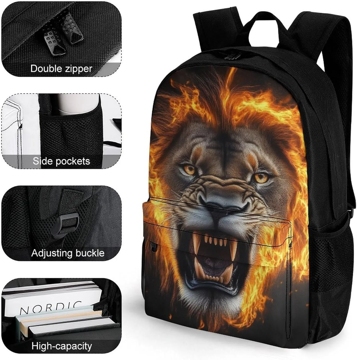 Cool Flame Lion Fire Art Daypack Polyester Anti-Theft Multipurpose Bookbag Big Capacity Gym Outdoor Hiking Backpack With Adjustable Shoulder Straps
