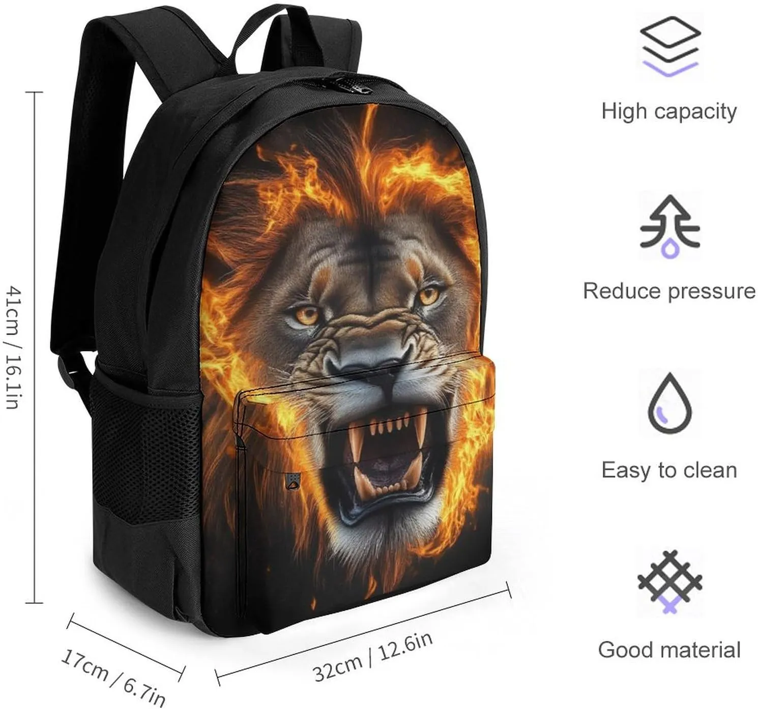 Cool Flame Lion Fire Art Daypack Polyester Anti-Theft Multipurpose Bookbag Big Capacity Gym Outdoor Hiking Backpack With Adjustable Shoulder Straps