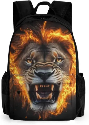 Cool Flame Lion Fire Art Daypack Polyester Anti-Theft Multipurpose Bookbag Big Capacity Gym Outdoor Hiking Backpack With Adjustable Shoulder Straps