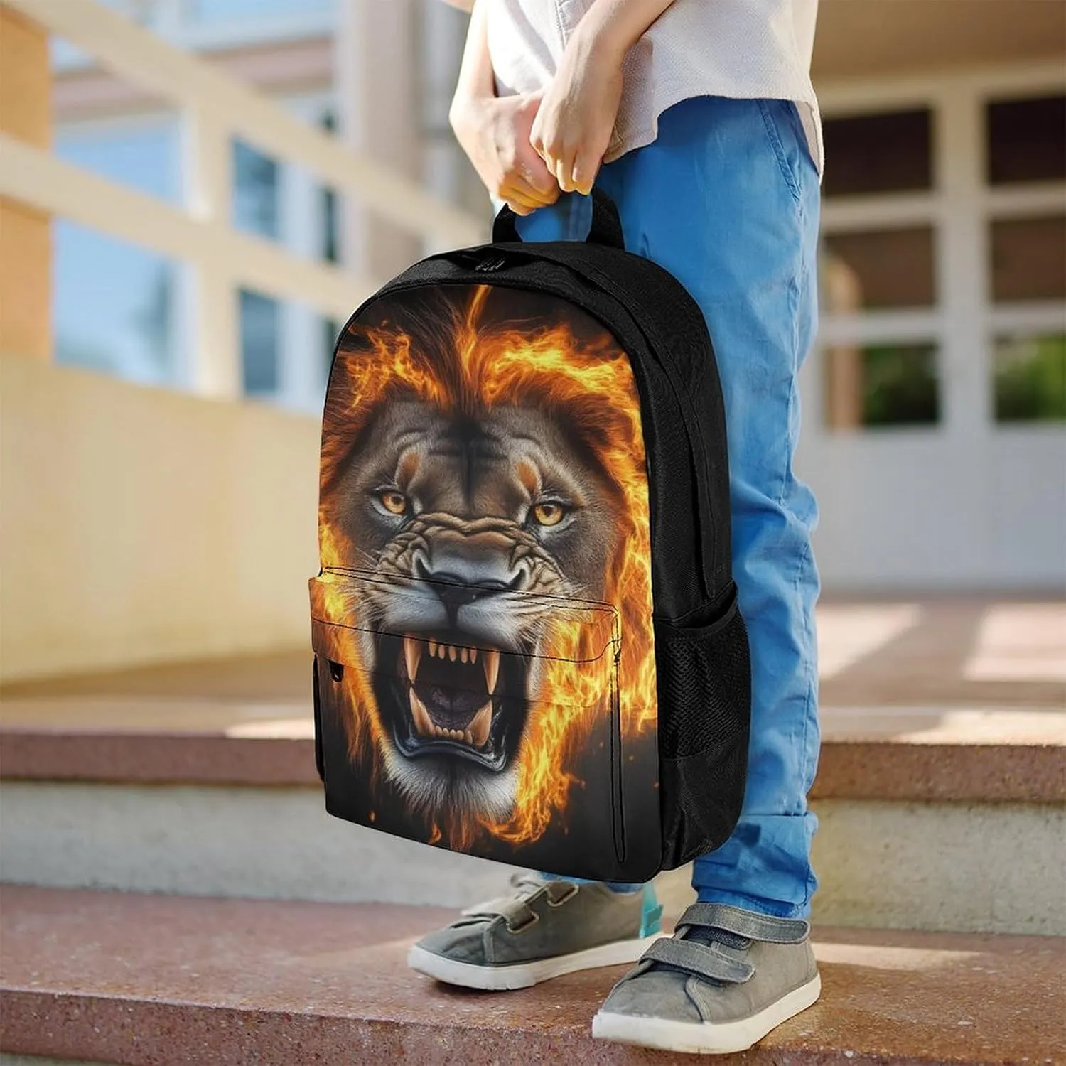 Cool Flame Lion Fire Art Daypack Polyester Anti-Theft Multipurpose Bookbag Big Capacity Gym Outdoor Hiking Backpack With Adjustable Shoulder Straps
