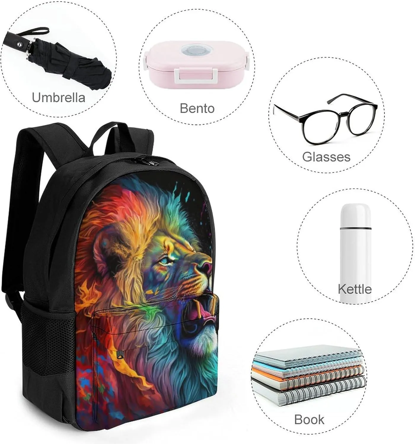 Cool Lion In The Universe Surreal Style Splatter Art Daypack Polyester Anti-Theft Multipurpose Bookbag Big Capacity Gym Outdoor Hiking Backpack With Adjustable Shoulder Straps
