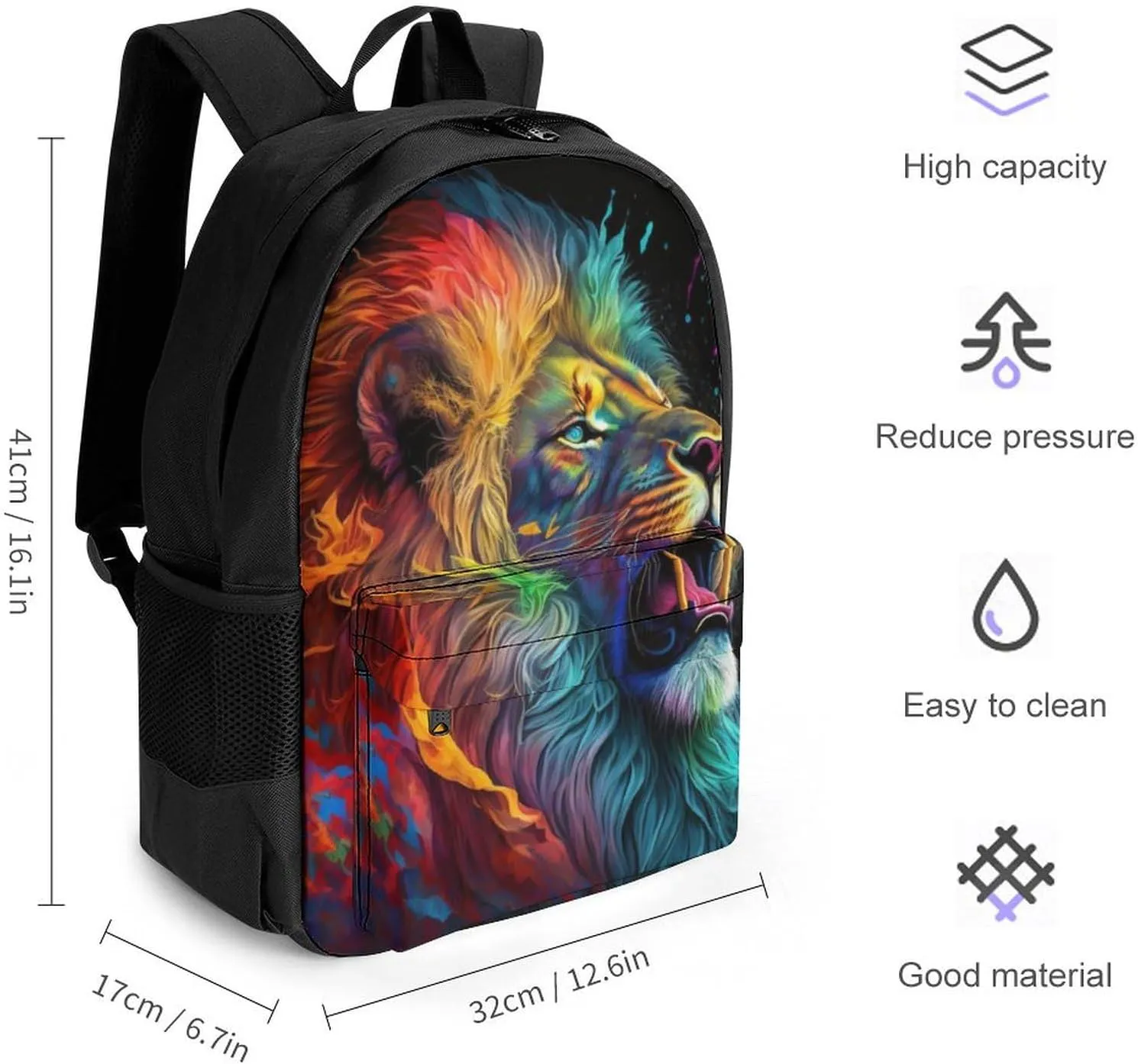 Cool Lion In The Universe Surreal Style Splatter Art Daypack Polyester Anti-Theft Multipurpose Bookbag Big Capacity Gym Outdoor Hiking Backpack With Adjustable Shoulder Straps