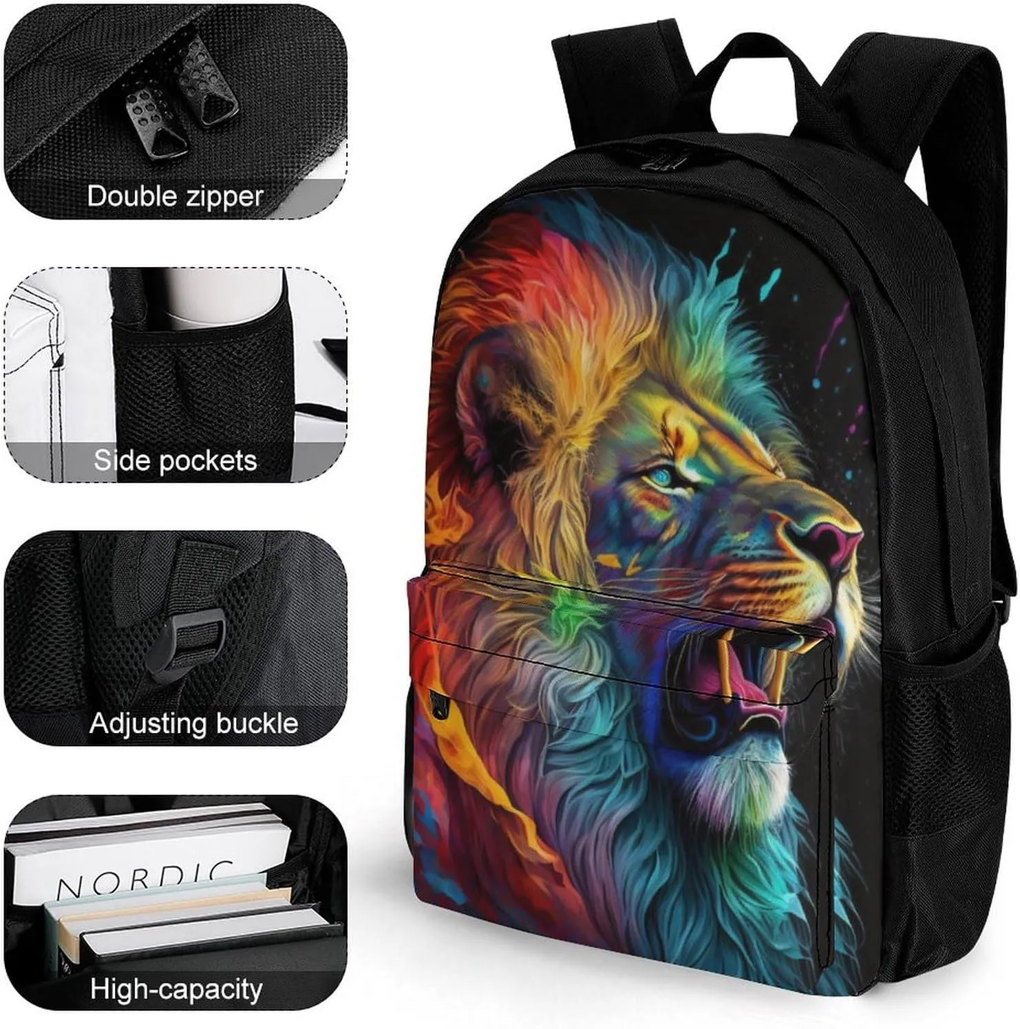 Cool Lion In The Universe Surreal Style Splatter Art Daypack Polyester Anti-Theft Multipurpose Bookbag Big Capacity Gym Outdoor Hiking Backpack With Adjustable Shoulder Straps