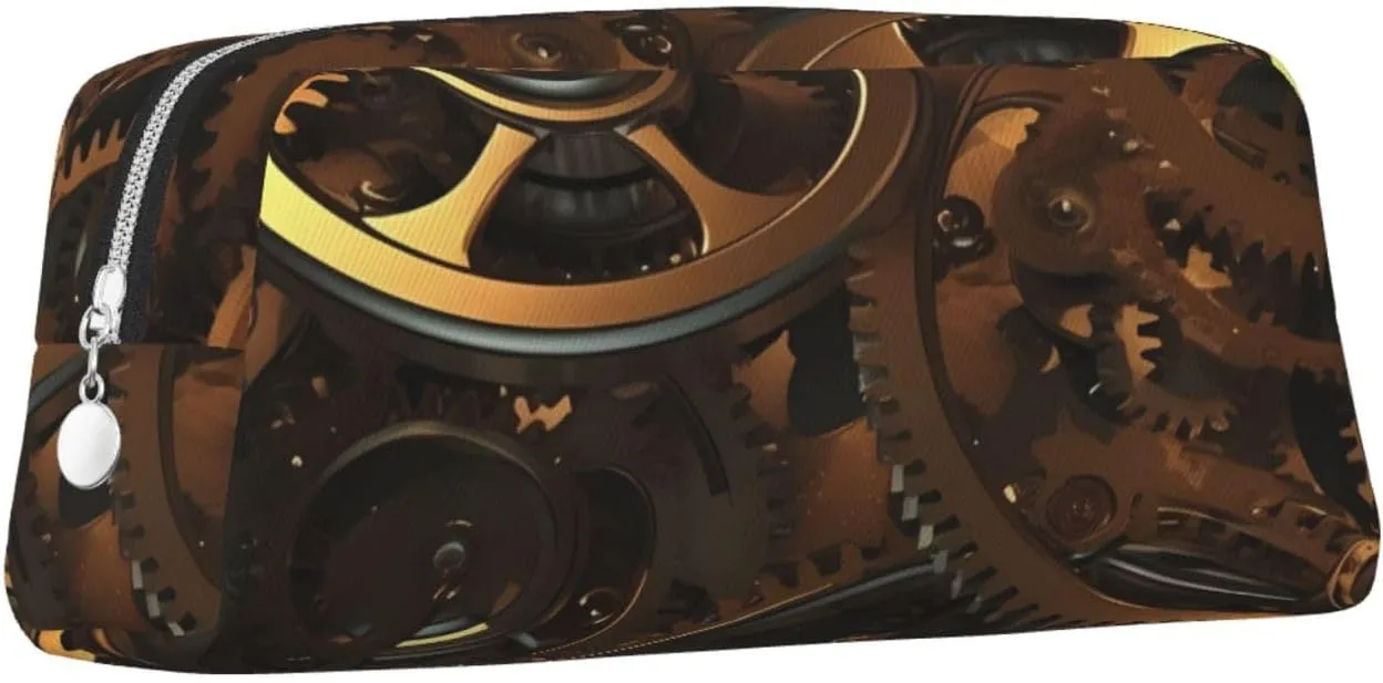 Cool Steampunk Gears Makeup Bag Travel Toiletry Bag Big Pencil Bags for Women Men Leather Zipper Coin Pouch Purse