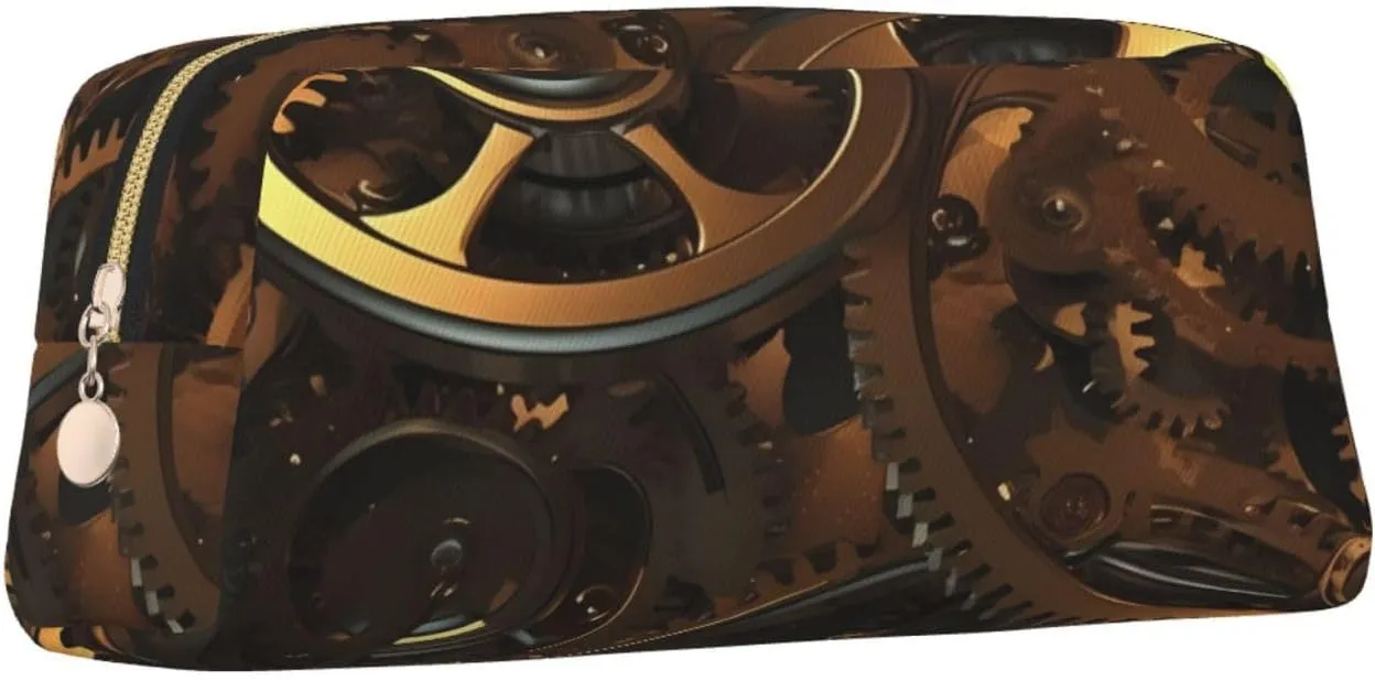 Cool Steampunk Gears Makeup Bag Travel Toiletry Bag Big Pencil Bags for Women Men Leather Zipper Coin Pouch Purse