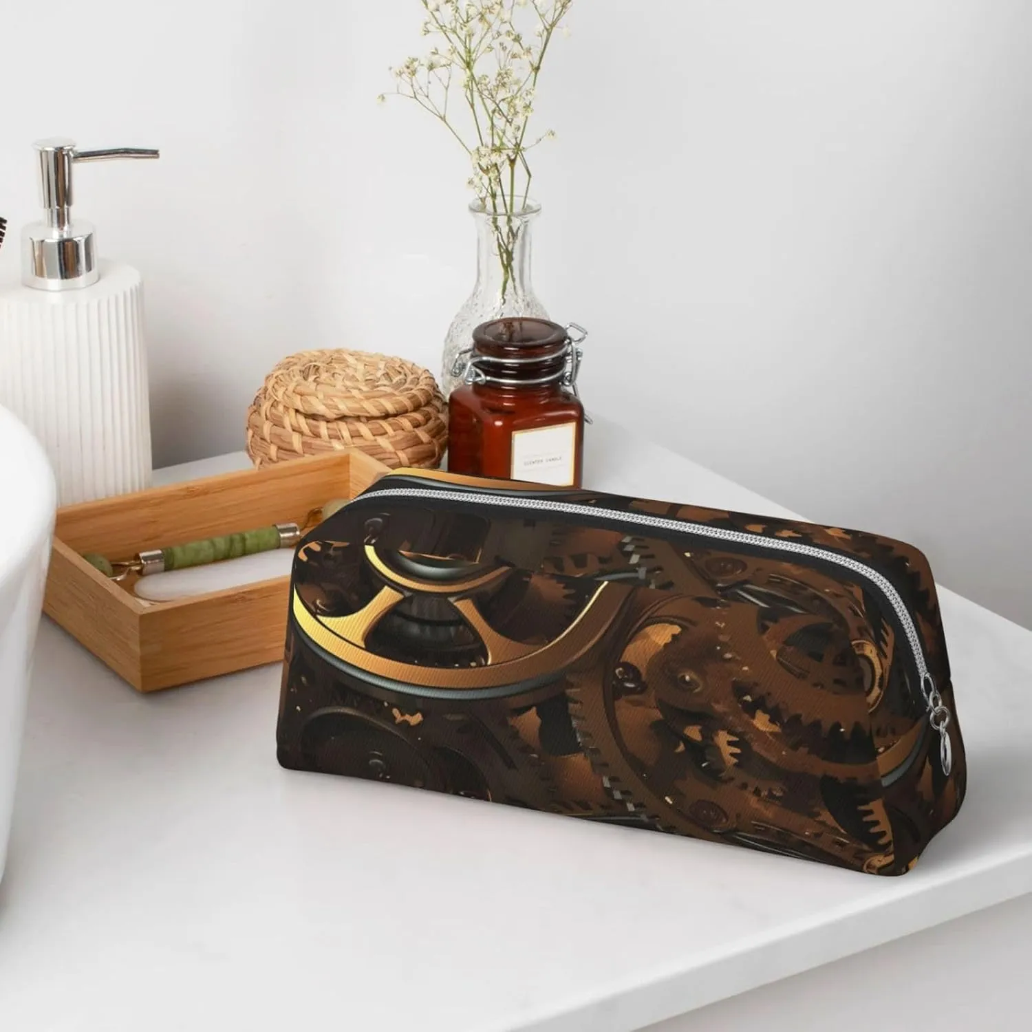 Cool Steampunk Gears Makeup Bag Travel Toiletry Bag Big Pencil Bags for Women Men Leather Zipper Coin Pouch Purse