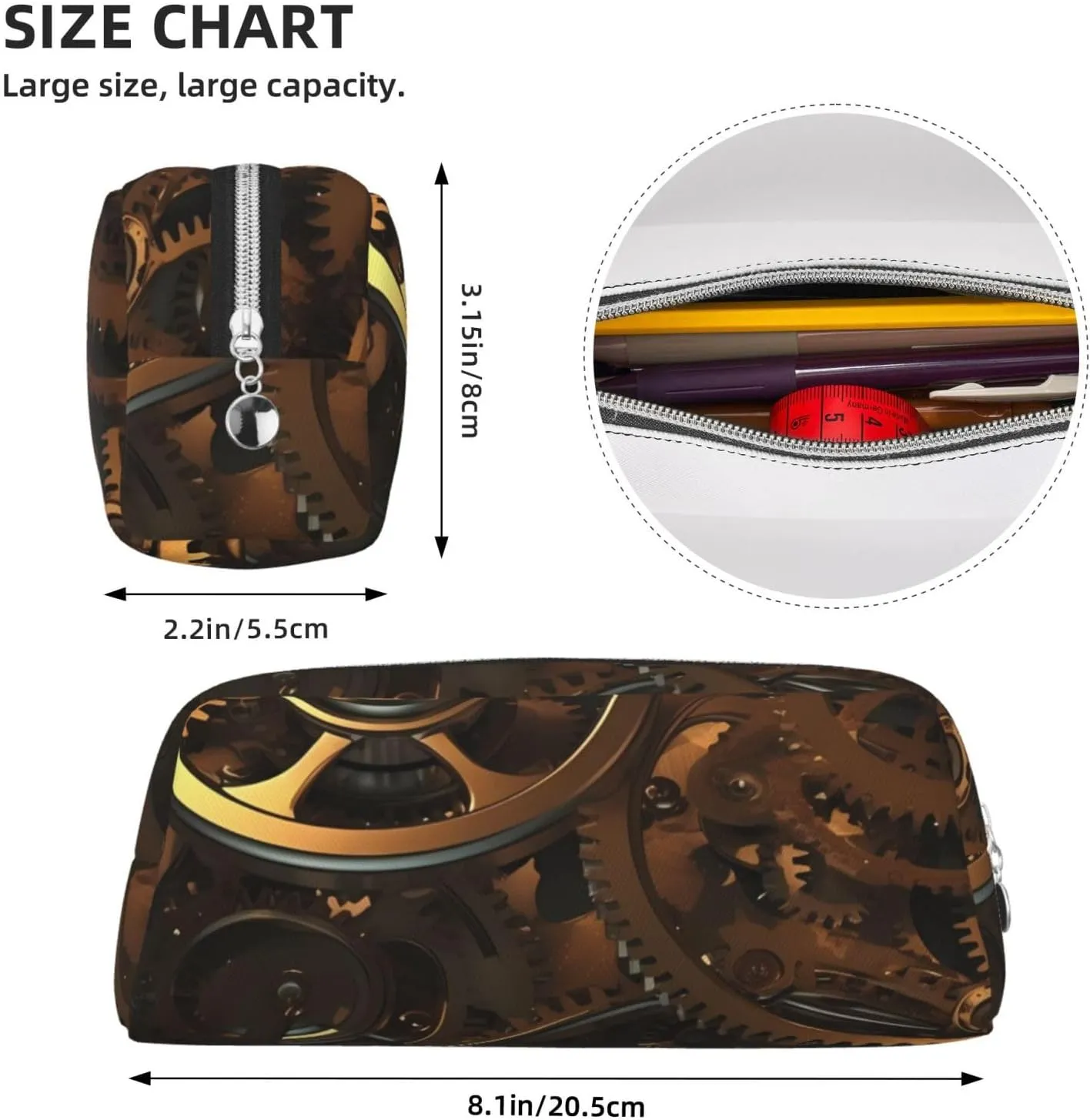 Cool Steampunk Gears Makeup Bag Travel Toiletry Bag Big Pencil Bags for Women Men Leather Zipper Coin Pouch Purse