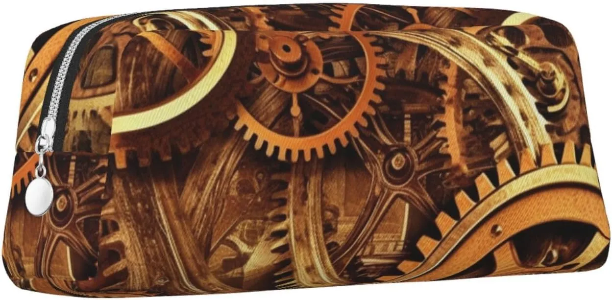 Cool Steampunk Gears Makeup Bag Travel Toiletry Bags Big Pencil Bag for Women Men Leather Zipper Coin Pouch Purse